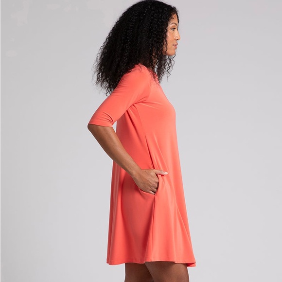 Sympli Nu Trapeze Dress Size 2 Coral Slinky Jersey Travel Knit Pockets Lagenlook - Picture 8 of 8